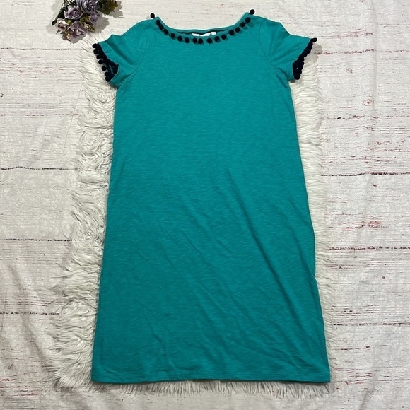 Boden Bridget Turquoise Teal Pom Pom Jersey Mini Dress Long Fit - Picture 2 of 12